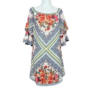 Jealous Tomato‎ Women's Floral Dress Orange Blue Bohemian Bell Sleeve Tunic SZ S